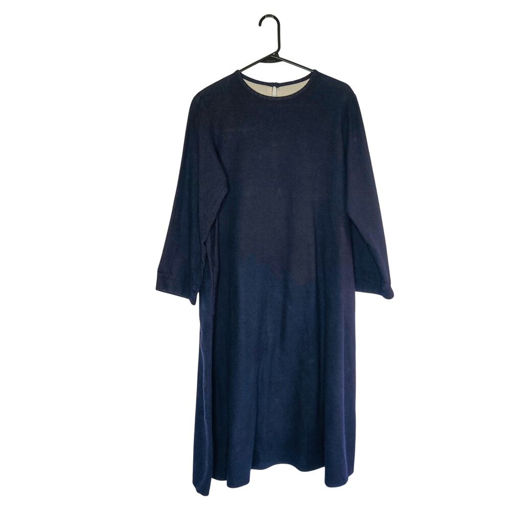 Muji Cotton Flannel Navy Blue Lagenlook Oversized Swing Midi Dress Small Fall